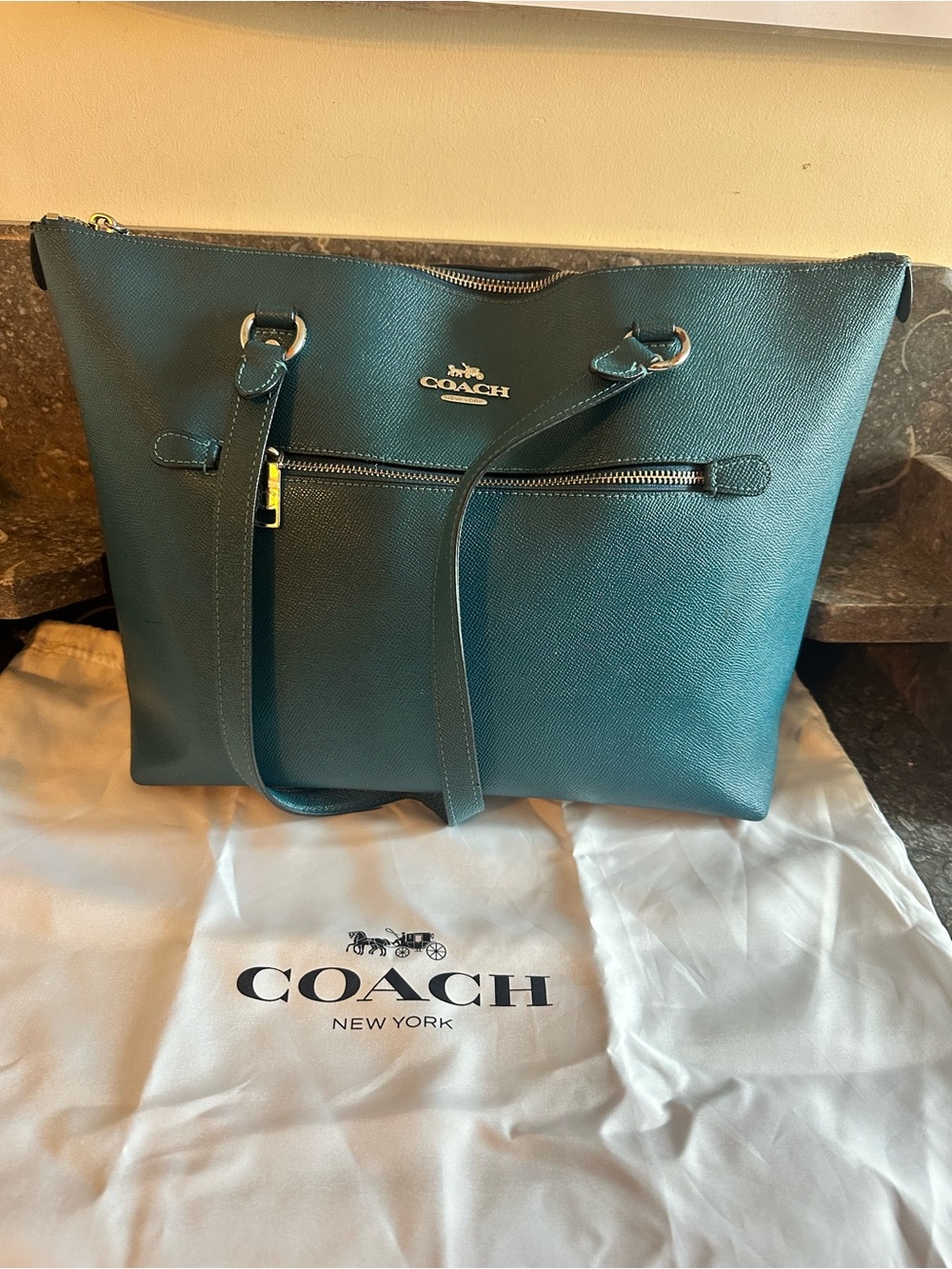 Coach Teal Saffiano Leather Tote with Front Zip